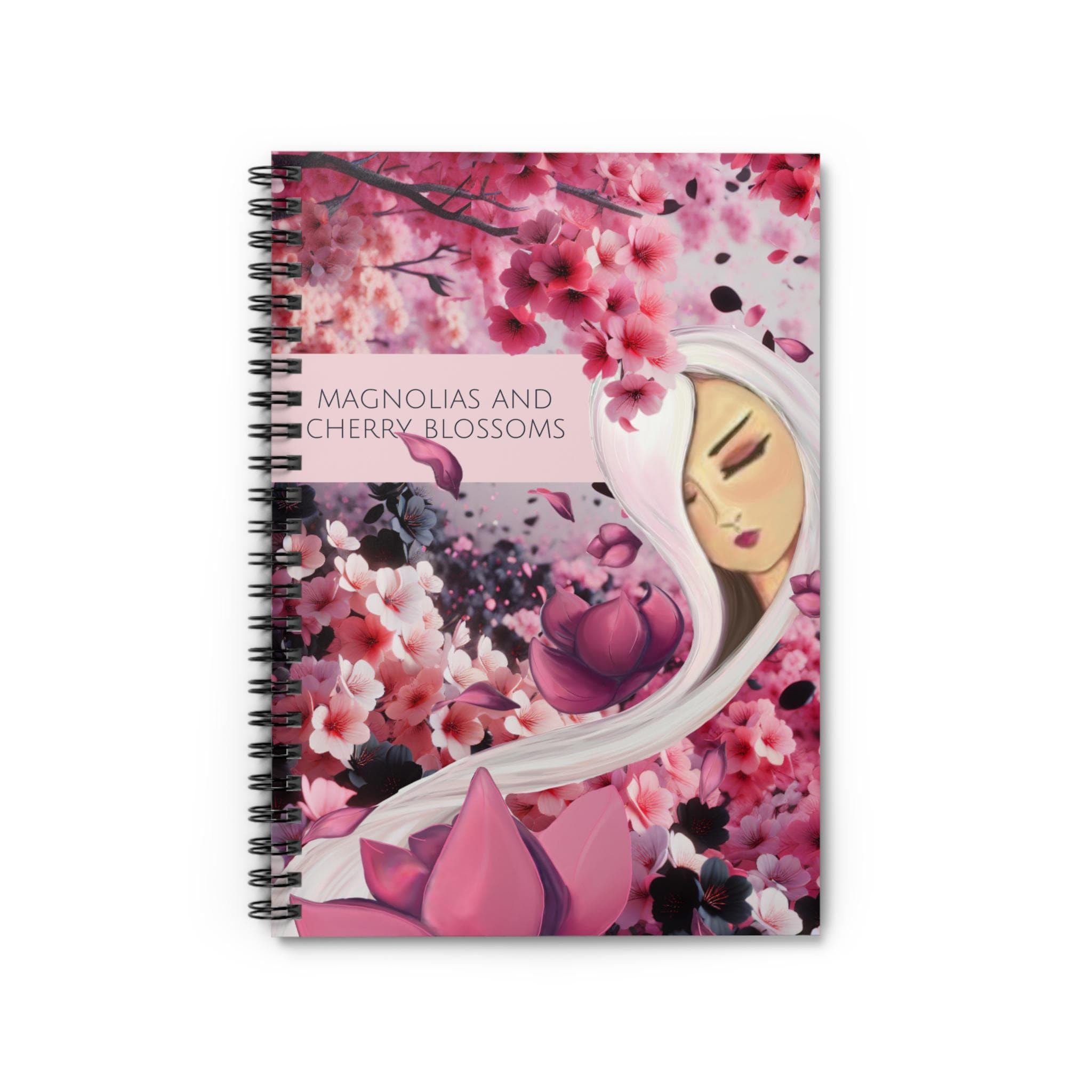 Pink Hair Lady in a Garden Spiral Notebook - Personalizable, Ruled Line Journal, Pink Magnolias Cherry Blossoms, Writing Diary Gift