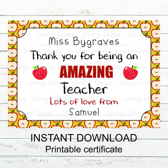 printable teacher appreciation certificate end of school teacher thankyou gift personalised certificate amazing teacher instant download printable thank you certificate