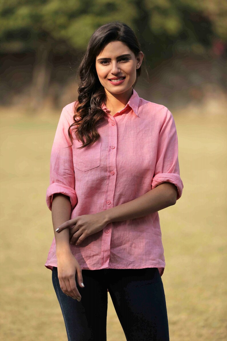 Linen Shirt Blouse in Pink Summer Blouse in Peach Rose Color