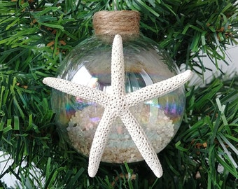 Coastal & Sea Inspired Small 2.62" Round Sand Filled Iridescent Glass Ornaments with Real Starfish