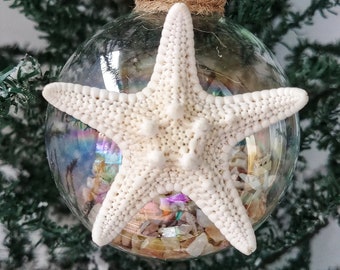 Coastal & Sea Inspired Small 2.62" Round Shell Filled Iridescent Glass Ornaments with Real Starfish