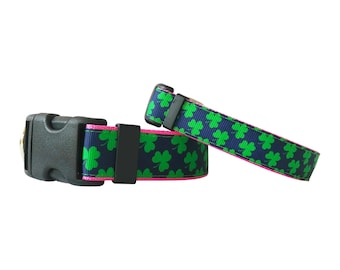 Shamrocks on Pink 5/8"(w) & 1"(w) Dog Collars and Leashes sold individually