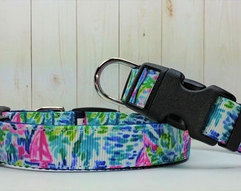 5/8"(w) Watercolor Sailboats Dog Collars, Harnesses and Leashes sold individually and in sets.
