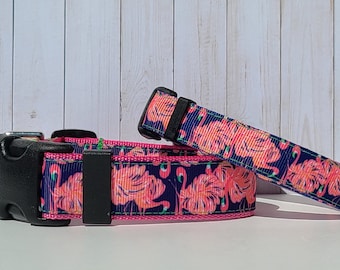 Flamingos on Navy 5/8"(w) & 1"(w) Dog Collars, Harnesses and Leashes sold individually