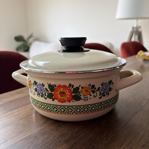 Pode incluir: Uma panela de esmalte na cor creme com tampa a condizer e duas pegas laterais. O exterior apresenta uma faixa decorativa com padrões florais coloridos em vermelho, laranja, amarelo e azul, acentuados por folhas verdes e uma borda geométrica verde na base.