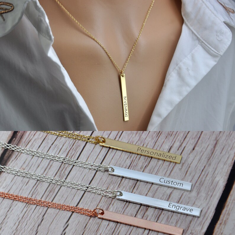 Custom Coordinates Necklace Rose Gold Bridesmaids Gift Layered Necklace Personalized Bar Necklace Silver Vertical Skinny Bar Necklace