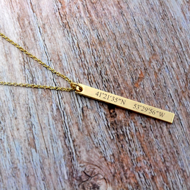 Custom Coordinates Necklace Rose Gold Bridesmaids Gift Layered Necklace Personalized Bar Necklace Silver Vertical Skinny Bar Necklace