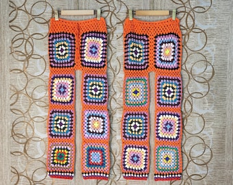 Hand Crochet Granny Square Patchwork Pants: Funky Knit Trousers