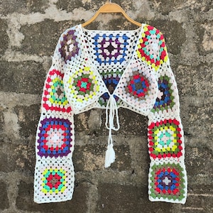 Handmade Boho Chic Colorful Crochet Granny Square Cardigan – Vintage-Inspired Knitwear for Women