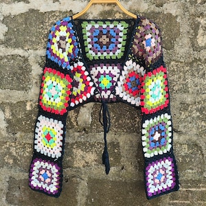 Handmade Boho Chic Colorful Crochet Granny Square Cardigan – Vintage-Inspired Knitwear for Women