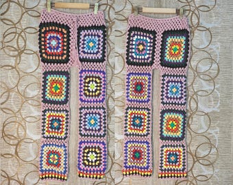 Pantalones de cuadros de la abuela, pantalones patchwork, pantalones de ganchillo hechos a mano, pantalones de punto unisex
