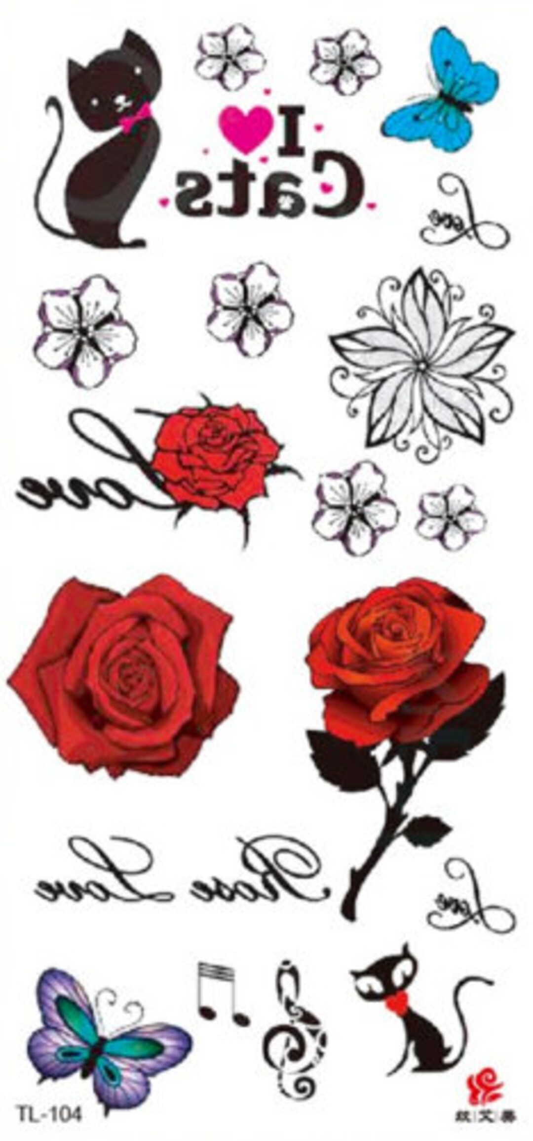 Women Fake Temporary Tattoos Cats Rose Butterfly Design Body Etsy