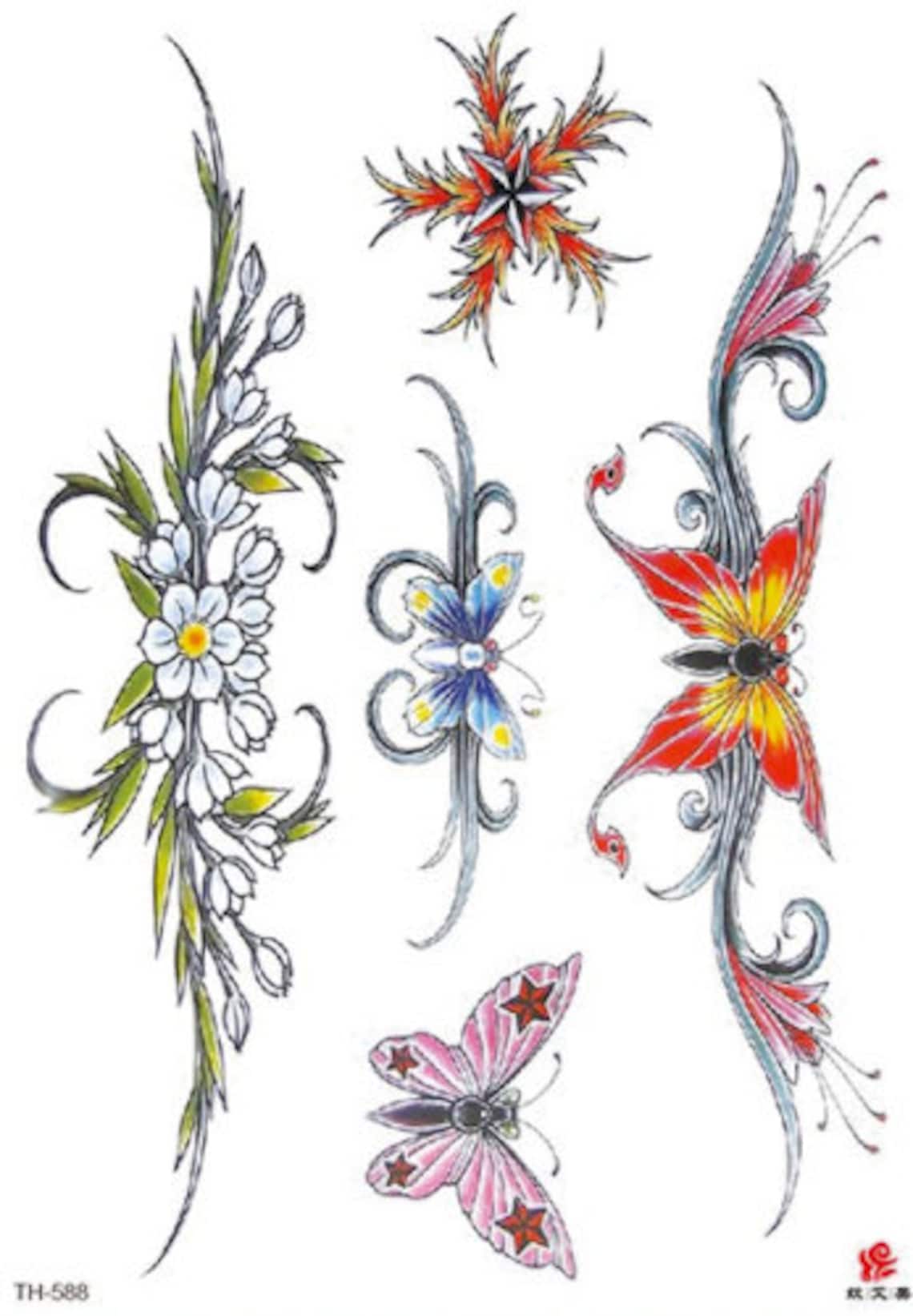 Butterfly Flower Tramp Stamp Large Temporary Tattoo Sticker | Etsy