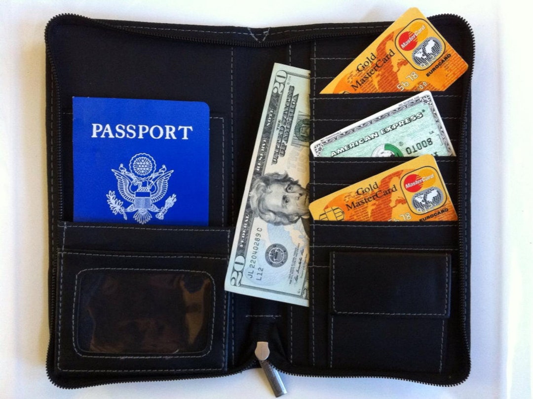 Leather Travel Wallet Black Leather Zipper Closure Etsy