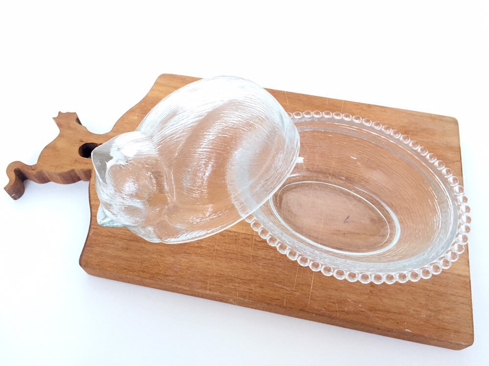 Glass Cat Dish With Lid Cat on Nest Nesting Cat Lidded Dish Cat Gifts