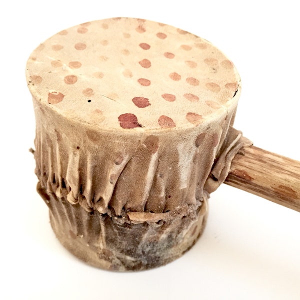 Vintage Native Ceremonial War Hammer - Native Musical Instrument - Native American Decor - Native Canadian Art - Vellum Drum - Carved Wood