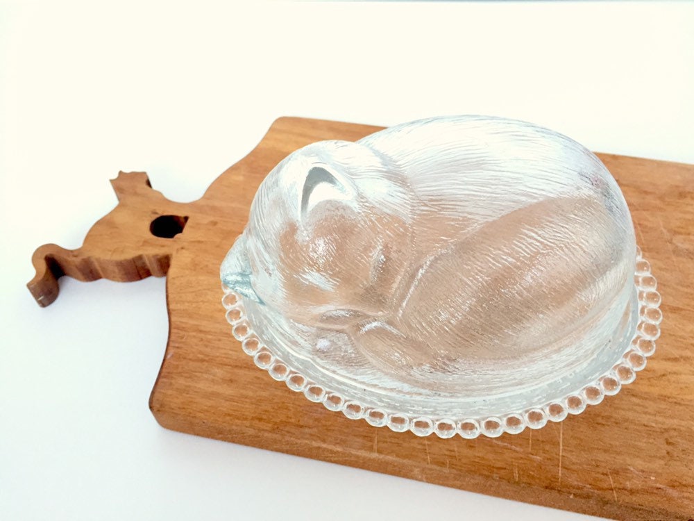 Glass Cat Dish With Lid Cat on Nest Nesting Cat Lidded Dish Cat Gifts