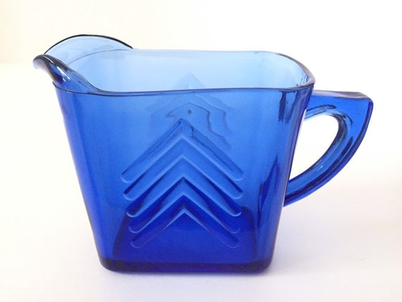 Vintage Cobalt Blue Glass Milk Pitcher Arrow Design Creamer Mid