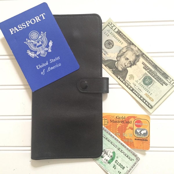 Leather Travel Wallet - Passport Cover - Credit Card Holder - Checkbook Wallet - Snap Closure - Coin Pocket - Mens Wallet or Womens Wallets