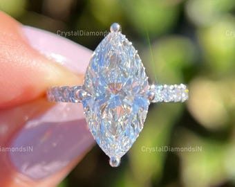 パヴェセッティングのラボグロウンダイヤモンド婚約指輪 2.70カラット マーキスカット ラボダイヤモンドリング 14Kホワイトゴールド ダイヤモンドリング ハローセッティング 結婚指輪 ギフト