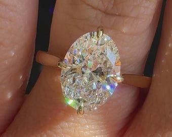 ソリティアオーバルラボグロウンダイヤモンド婚約指輪、ブライドルウェディングリング、2.50カラットオーバルカットラボダイヤモンドリング、14Kイエローゴールドオーバルラボダイヤモンドリング