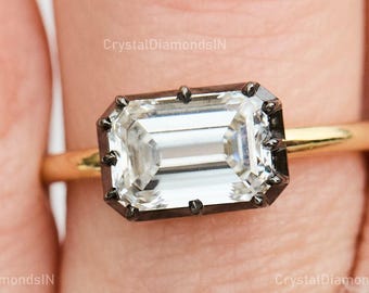 1.50 Ct Emerald Cut Moissanite Ring Black Rhodium Women Ring Solitaire East West Engagement Ring Black Bezel Set Diamond Ring Women Gift