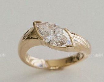 Marquise Bezel Set Moissanite Ring 2.00 Ct Marquise Cut Moissanite Ring Solitaire Women Ring East West 14k Yellow Gold Diamond Ring Gift