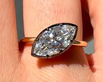 Solitaire Black Bezel Set Moissanite Ring East West Engagement Ring 2.00 Ct Marquise Cut Moissanite Ring Black Rhodium Diamond Women Ring