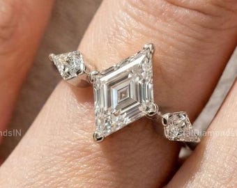 Kite Cut Moissanite Ring Three Stone Moissanite Ring 2.00 Ctw Lozenge Cut Diamond Engagement Ring Kite Shape Women Ring 14k White Gold Ring