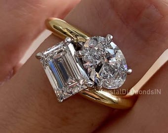 Oval & Emerald Cut East West Moissanite Ring 3.00 Ctw Two Stone Engagement Ring Yellow Gold Diamond Ring Toi Et Moi Women Anniversary Gift