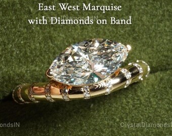 1.70 Ctw Marquise Cut East West Moissanite Ring Solitaire Engagement Ring Marquise Cut Moissanite Ring Pave Set Diamond Band Women Ring