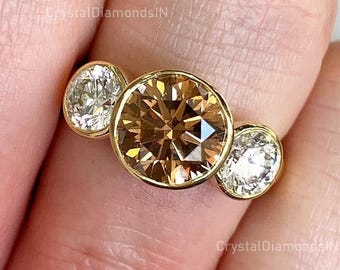 Round Champagne Moissanite Ring Three Stone Moissanite Ring 2.00 Ctw Bezel Set Diamond Engagement Moissanite Ring Anniversary Women Gift