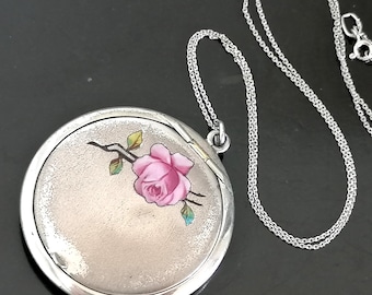 Rare Antique Art Nouveau (Jugendstil)  Round Silver Rose Locket (Alpaca) with Enamels and Silver Chain from 1900s.