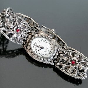 Rare Vintage Silver Swiss Watch. Mechanical Lady’s Swiss Silver Wrist Watch with rubies from 1960s.