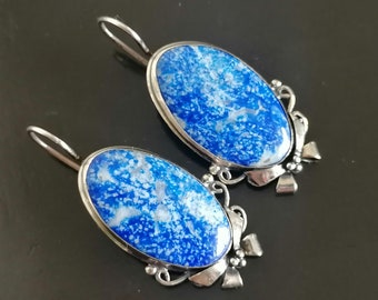 Antique Silver Lapislazuli Earrings Art Deco from 1900s.