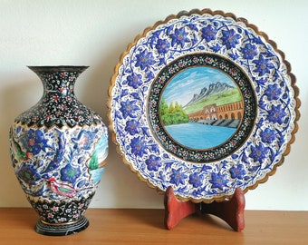 Rare Antique Persian Enameled Set of Vase and Plate from 1900s.