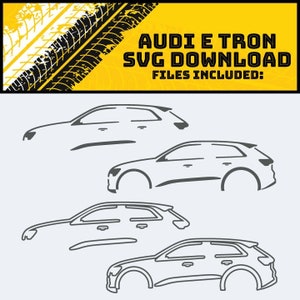 Puede incluir: Cuatro dibujos de contorno de un SUV Audi e-tron. Los dibujos son en blanco y negro y muestran el coche de perfil. El texto "AUDI E-TRON SVG DOWNLOAD FILES INCLUDED" está en la parte superior de la imagen.