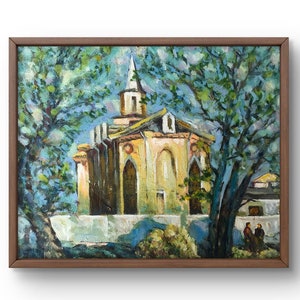 Pintura al óleo paisaje pintura al óleo original sobre cartón verano iglesia ciudad arte hecho a mano naturaleza enmarcado árboles verdes arte de pared