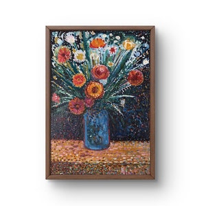 Pintura al óleo naturaleza muerta pintura al óleo original sobre cartón flores rojas y amarillas naturaleza muerta arte hecho a mano sin marco mesa marrón arte de pared
