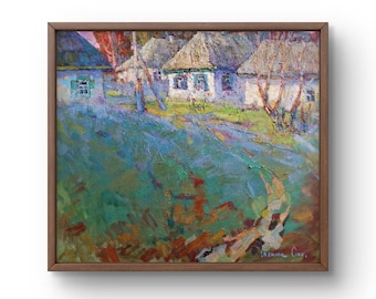 Landscape original oil painting on canvas summer village landscape handmade art nature green unframed houses landscape contemporary