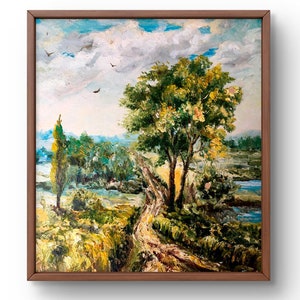 Pintura a óleo paisagem original, pintura em papelão, paisagem de estrada, arte artesanal, natureza, sem moldura, paisagem de rio, arte de parede