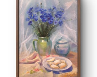 オリジナルアート ソフトパステル画 花 静物画 青のアクセント - Etsy 日本