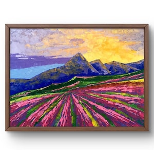Pintura a óleo paisagem original, pintura a óleo sobre papelão, rio de verão paisagem azul, arte artesanal, sem moldura, montanha verde, arte de parede