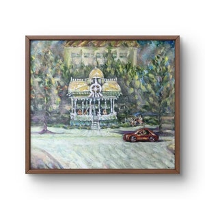 Pintura al óleo paisaje pintura al óleo original sobre cartón blanco, amarillo paisaje de ciudad arte hecho a mano naturaleza enmarcado paisaje de bosque verde