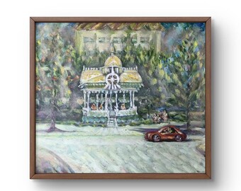 May include: A painting of a white building with a green roof and a yellow cupola. The building is surrounded by trees and there is a red car parked in front of it.