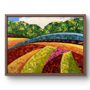 Pintura al óleo paisaje original, pintura al óleo sobre cartón, paisaje de bosque verde de verano, arte hecho a mano, naturaleza sin marco campo rojo, amarillo