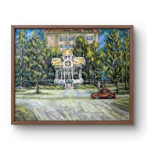 Pintura al óleo paisaje pintura al óleo original sobre cartón paisaje urbano marrón arte hecho a mano naturaleza enmarcada árboles verdes paisaje arte de pared