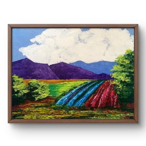 Pintura al óleo paisaje original, pintura al óleo sobre cartón, paisaje gris de montaña de verano, arte hecho a mano, naturaleza campo verde sin marco