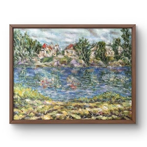 Pintura al óleo paisaje pintura al óleo original sobre cartón verano río verde paisaje hecho a mano arte naturaleza enmarcado blanco pueblo paisaje