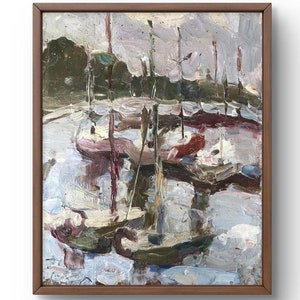 Pintura al óleo paisaje original, pintura sobre cartón, paisaje de yate, arte hecho a mano, naturaleza, sin marco, paisaje de río, arte de pared
